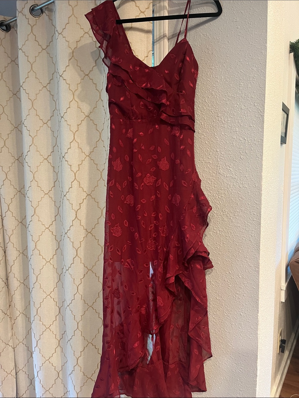 Lulu's Burgundy Floral Asymmetrical Ruffle Dress